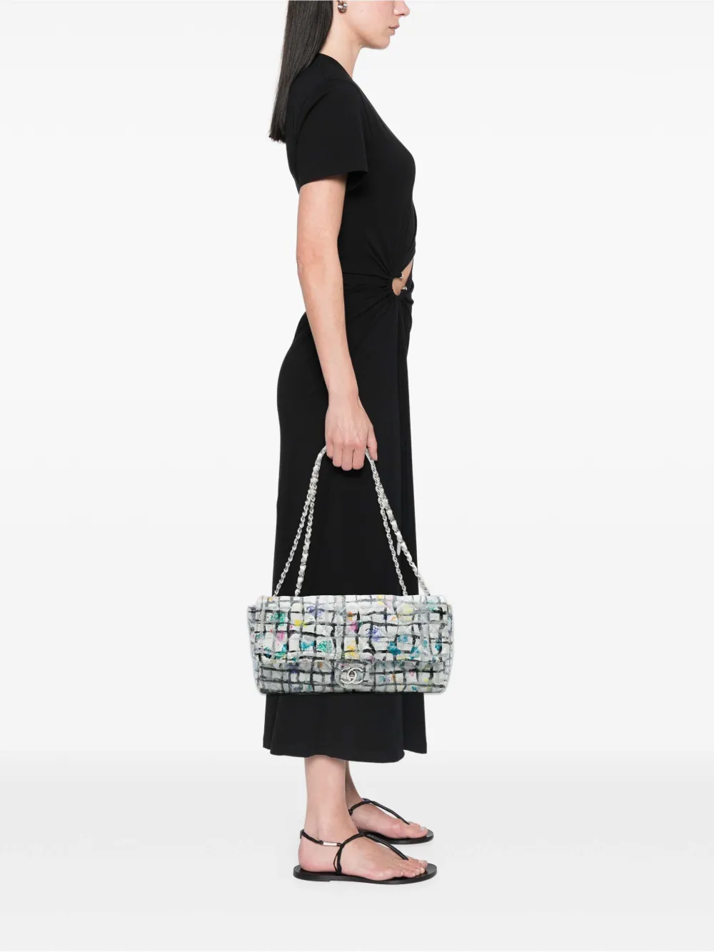 Pre-owned Chanel 2014 Medium Calfskin Hand Painted Graffiti Flap Shoulder Bag In White