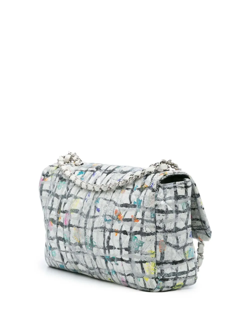 Pre-owned Chanel 2014 Medium Calfskin Hand Painted Graffiti Flap Shoulder Bag In White