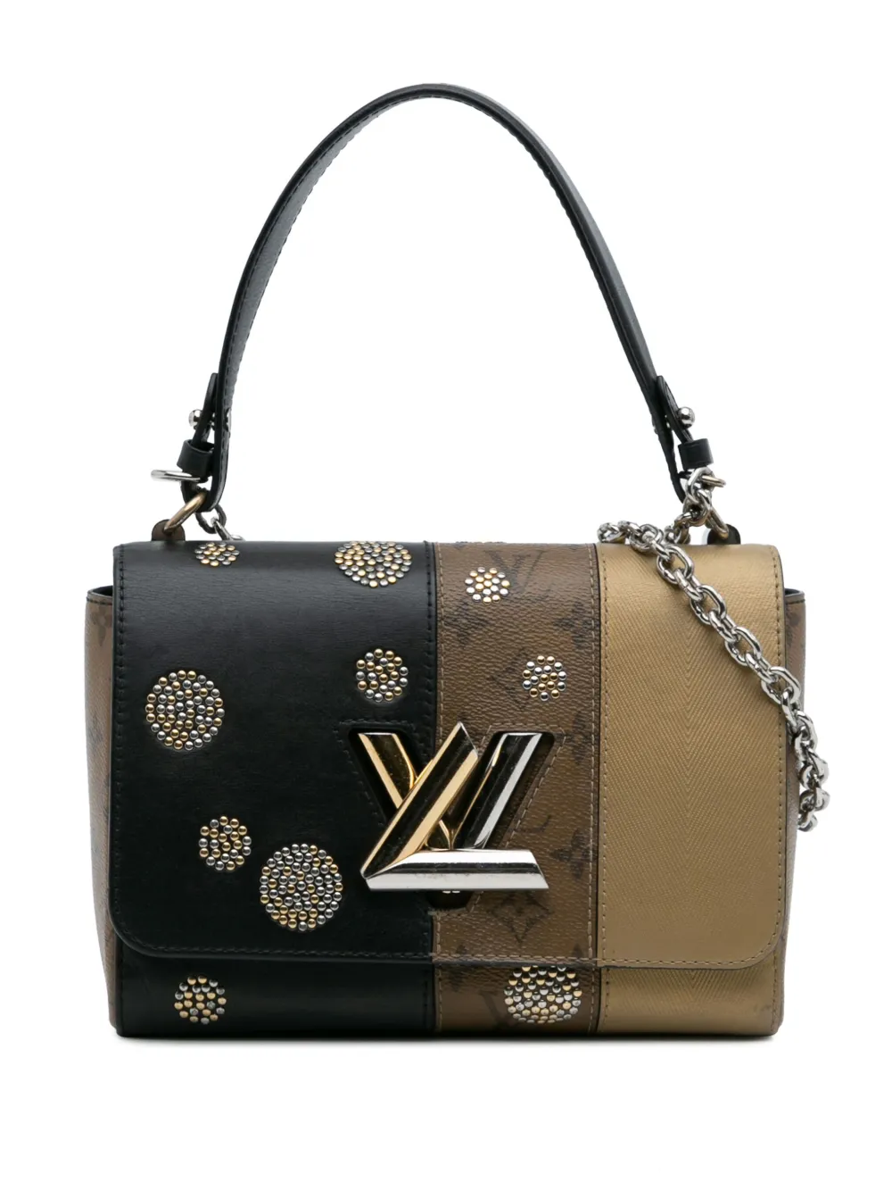 Pre-owned Louis Vuitton 2017 Limited Edition Calfskin And Monogram Reverse Studded Night Lights Twist Mm Crossbody Bag In Black