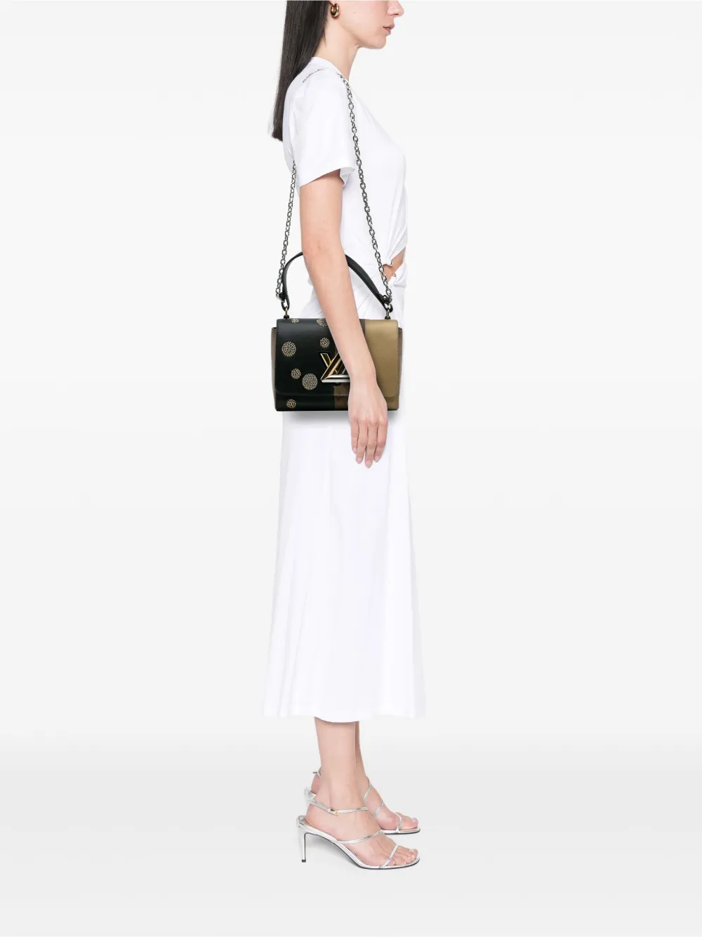 Pre-owned Louis Vuitton 2017 Limited Edition Calfskin And Monogram Reverse Studded Night Lights Twist Mm Crossbody Bag In Black