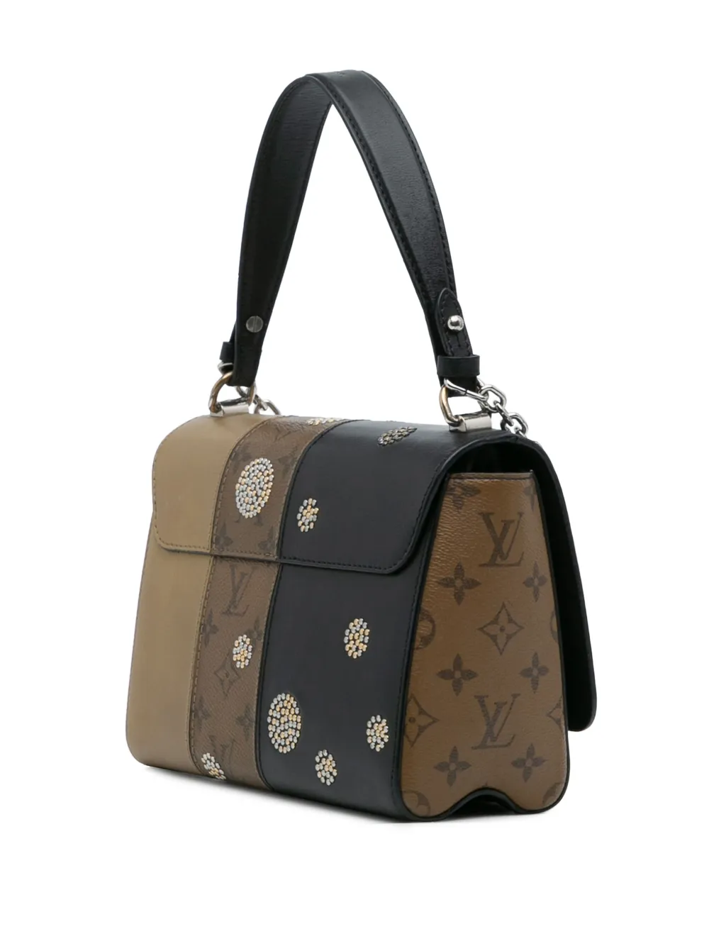 Pre-owned Louis Vuitton 2017 Limited Edition Calfskin And Monogram Reverse Studded Night Lights Twist Mm Crossbody Bag In Black