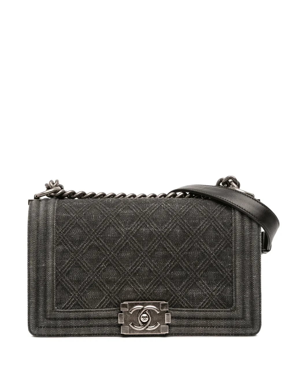 Pre-owned Chanel 2015-2016 Old Medium Quilted Denim Boy Flap Crossbody Bag In Gray