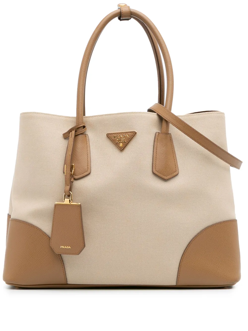Pre-owned Prada 2010-2025 Large Saffiano Trimmed Canapa Double Satchel In Brown