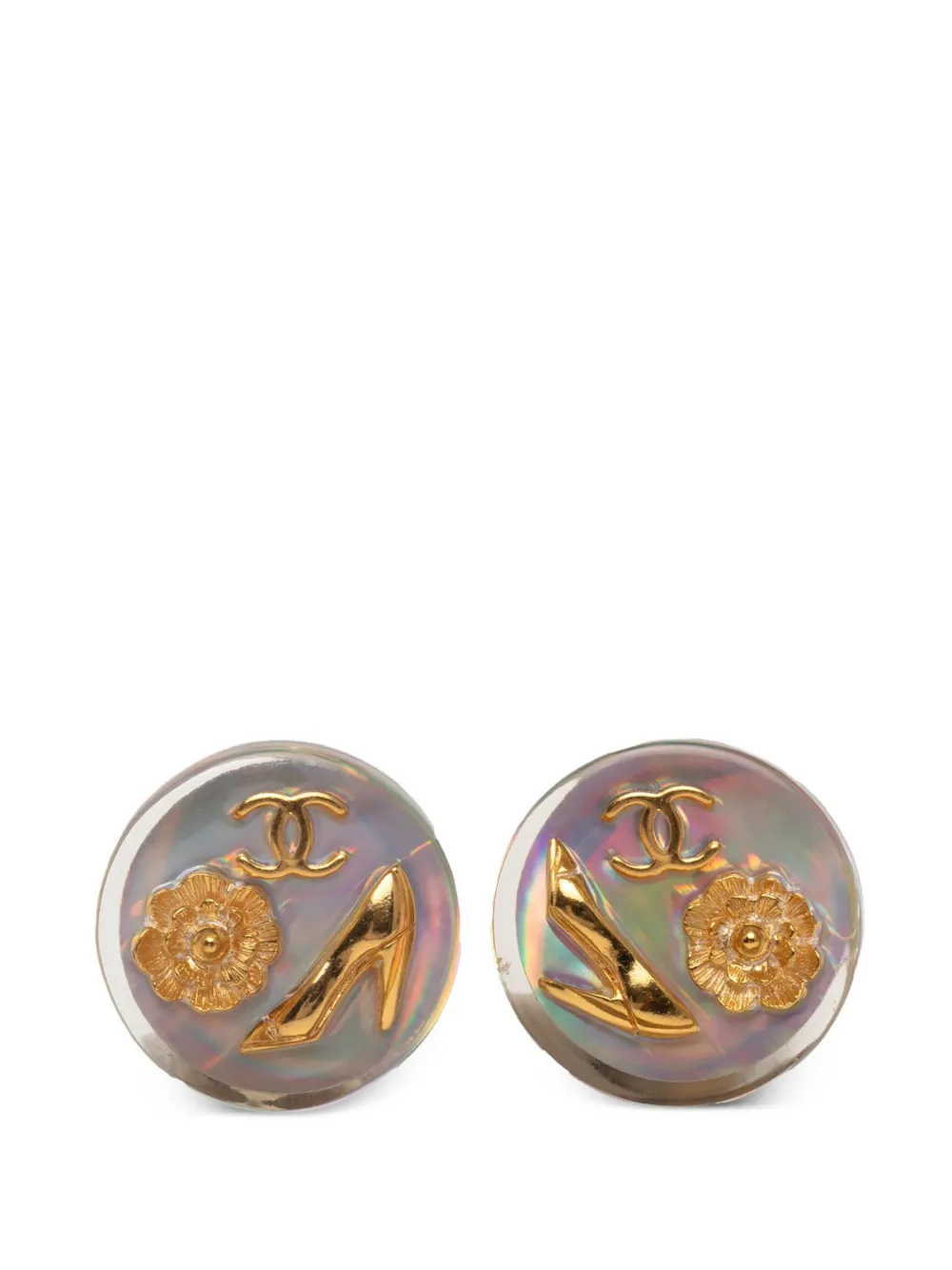 CHANEL Pre-Owned 1997 Gold Plated Resin CC Camellia Button Clip On Earrings costume earrings - Bianco