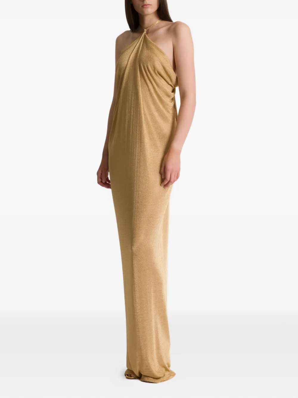  Alberta Ferretti Halterneck Draped Maxi Dress - Gold 