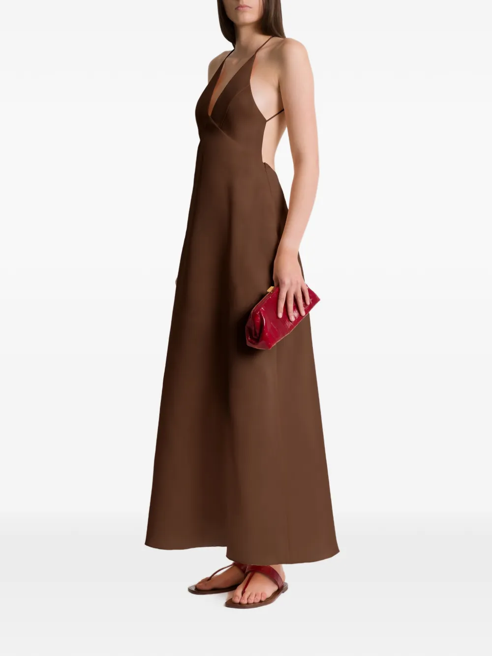 Alberta Ferretti Maxi-jurk met open rug en V-hals Bruin