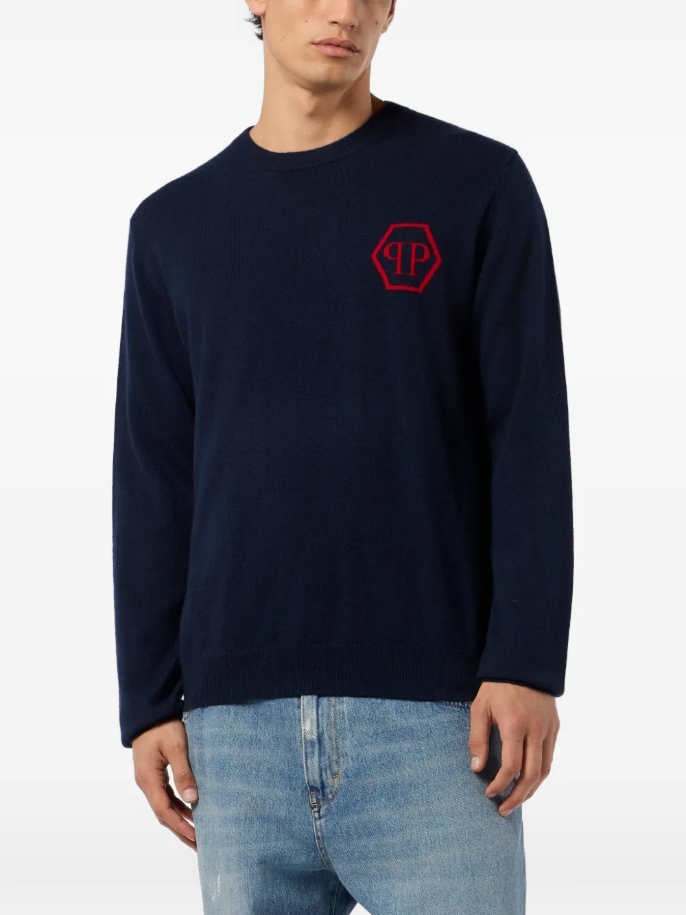 Philipp Plein Gebreide trui met ronde hals en jacquard Blauw