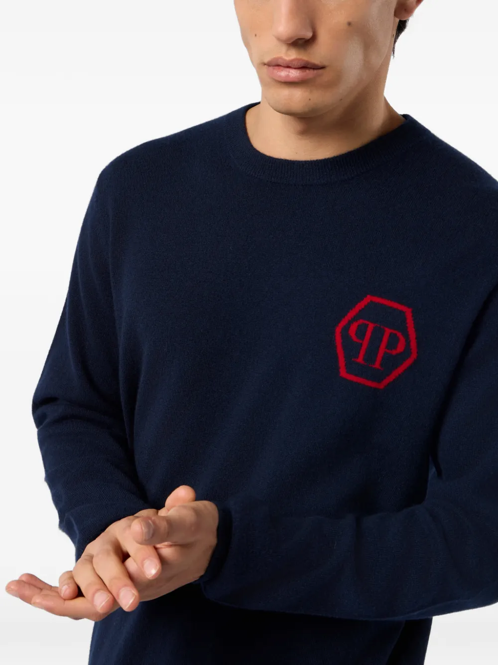 Philipp Plein Gebreide trui met ronde hals en jacquard Blauw