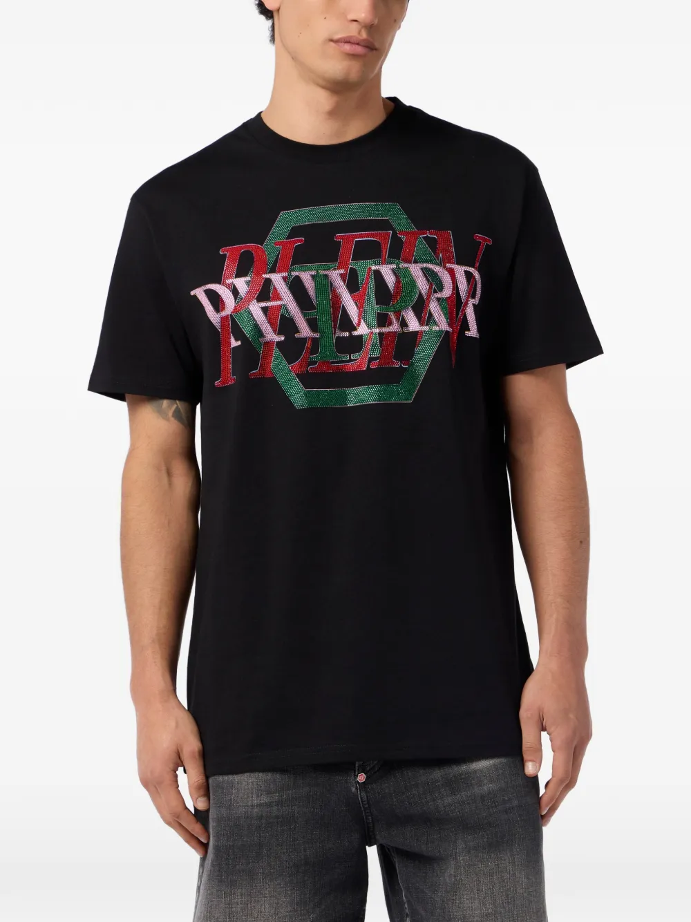 Philipp Plein rhinestone-logo T-shirt - Zwart