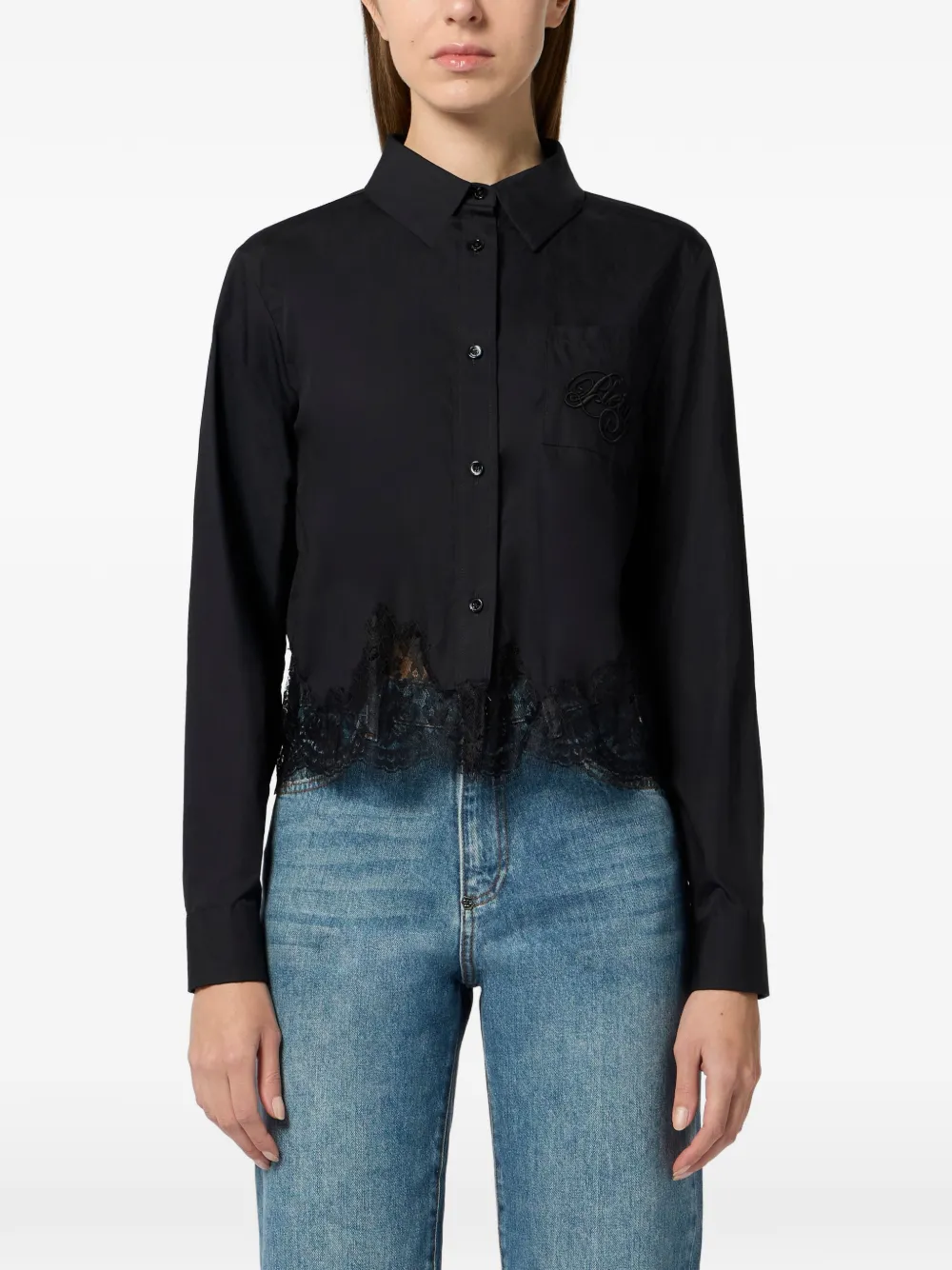  Philipp Plein Embroidered Lace Cropped Shirt - Black 