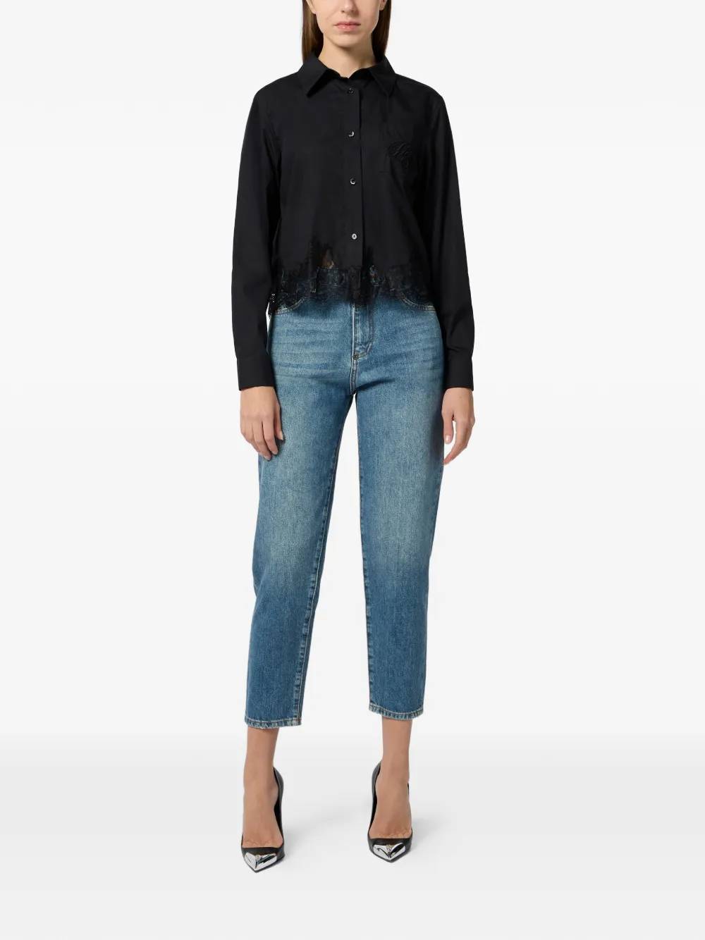  Philipp Plein Embroidered Lace Cropped Shirt - Black 