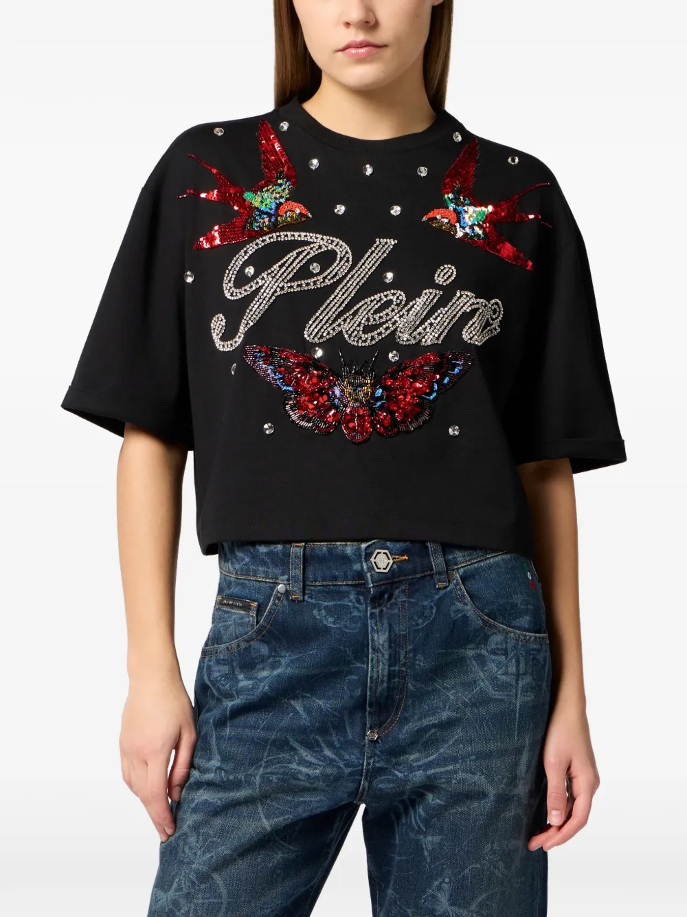 Philipp Plein Cropped T-shirt met ronde hals Zwart