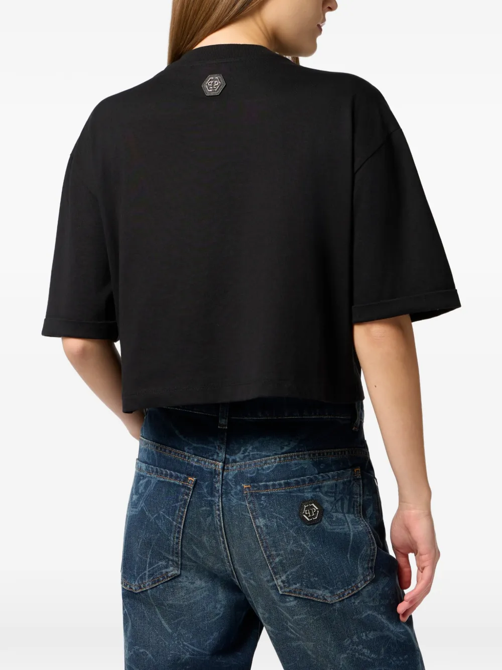 Philipp Plein Cropped T-shirt met ronde hals Zwart