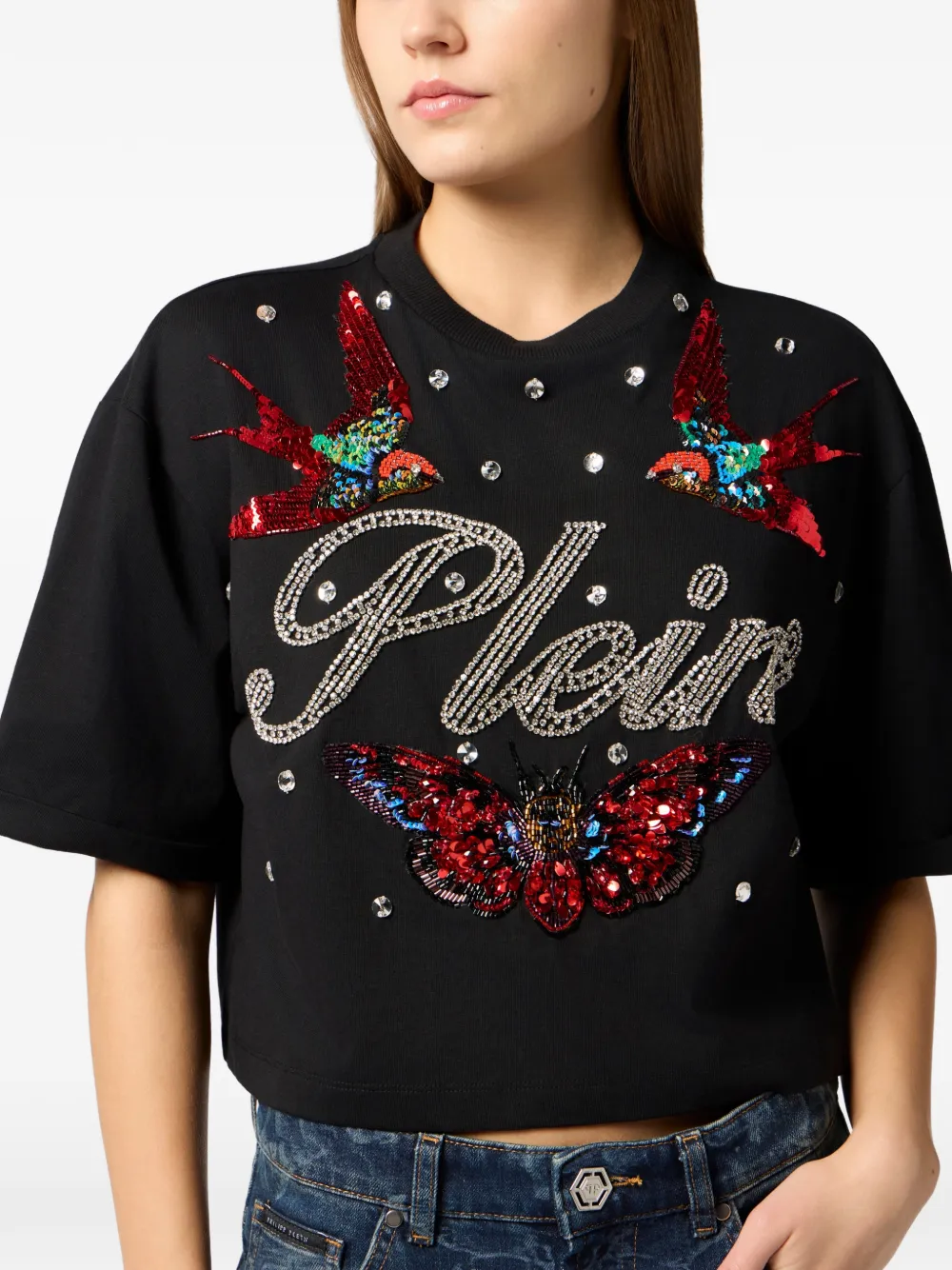 Philipp Plein Cropped T-shirt met ronde hals Zwart