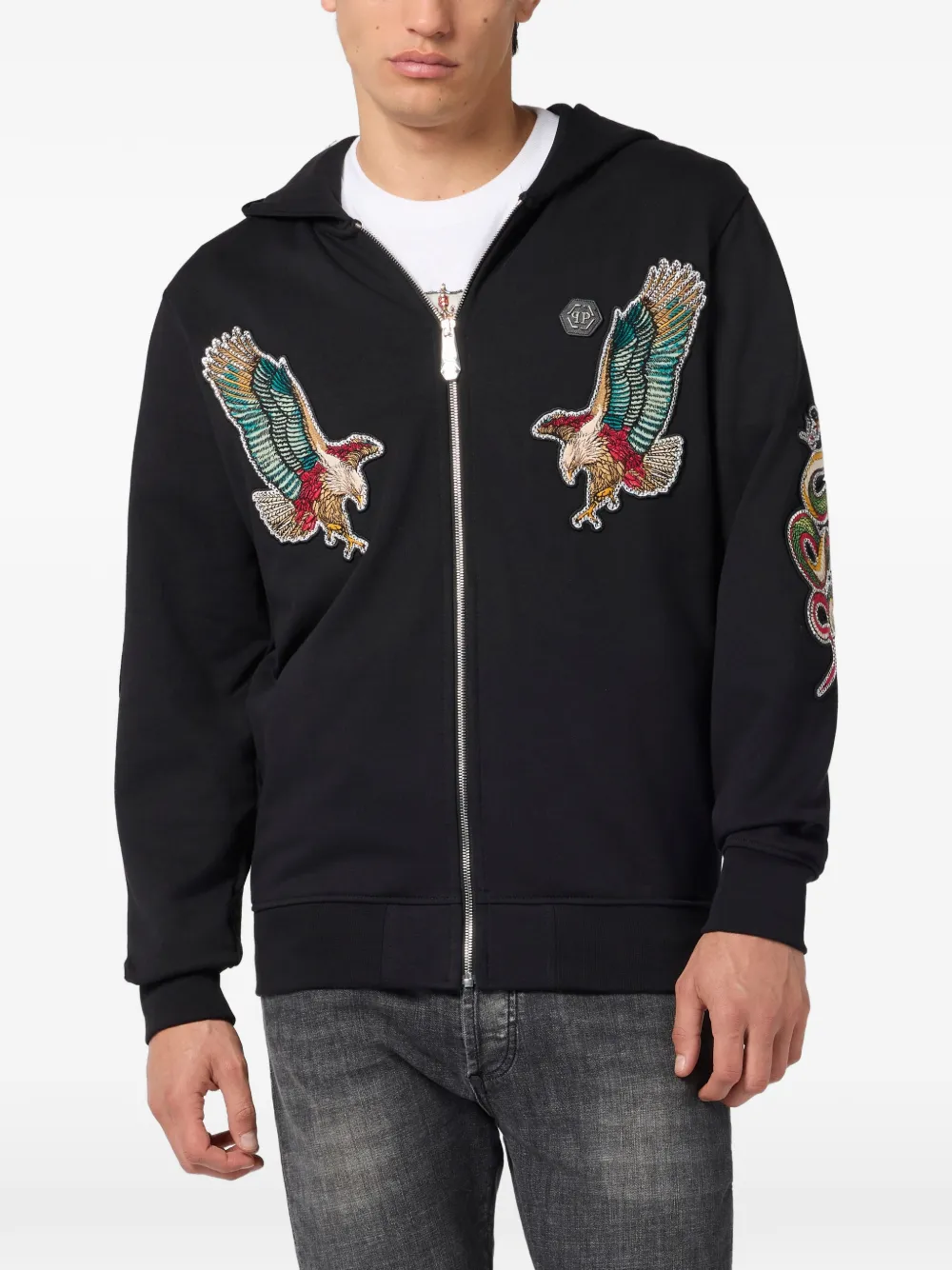 Philipp Plein Hoodie verfraaid met patch en rits Zwart