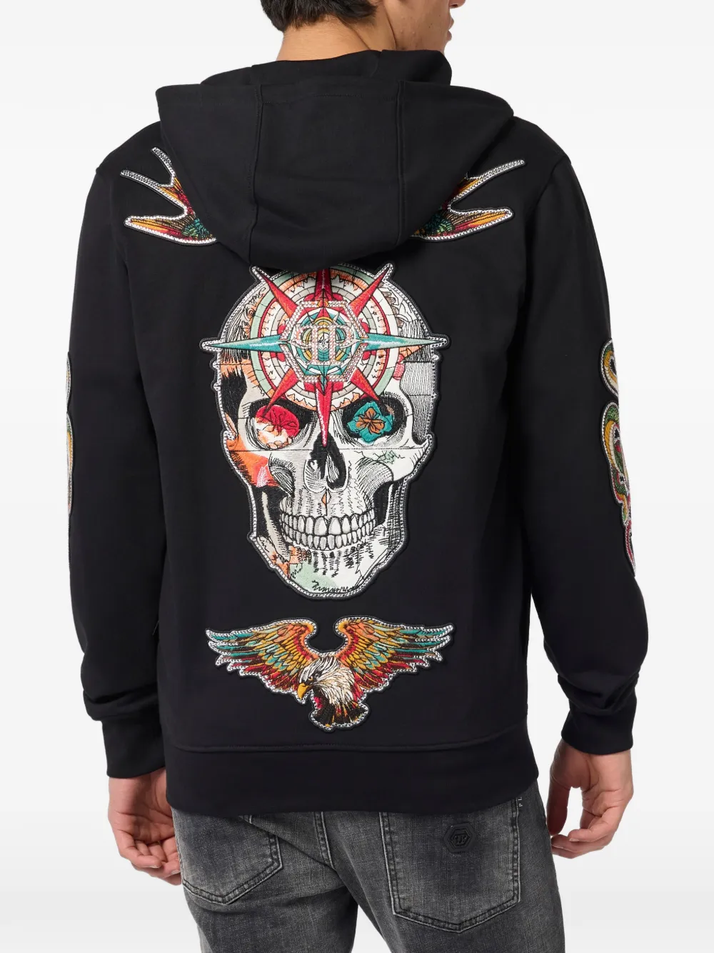 Philipp Plein Hoodie verfraaid met patch en rits Zwart