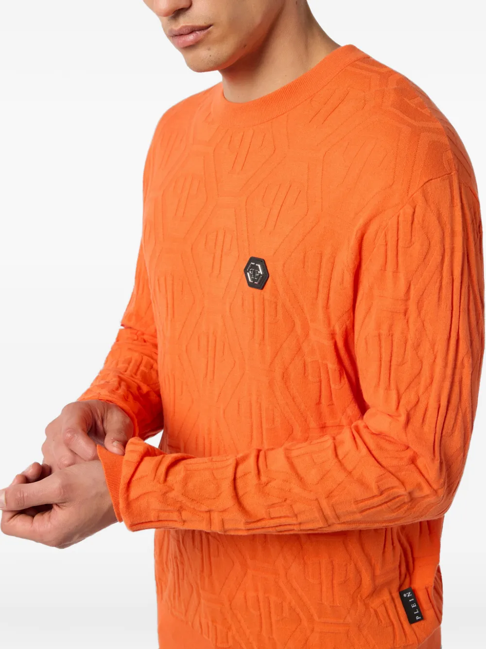 Philipp Plein Gebreide trui met ronde hals en monogram jacquard Oranje