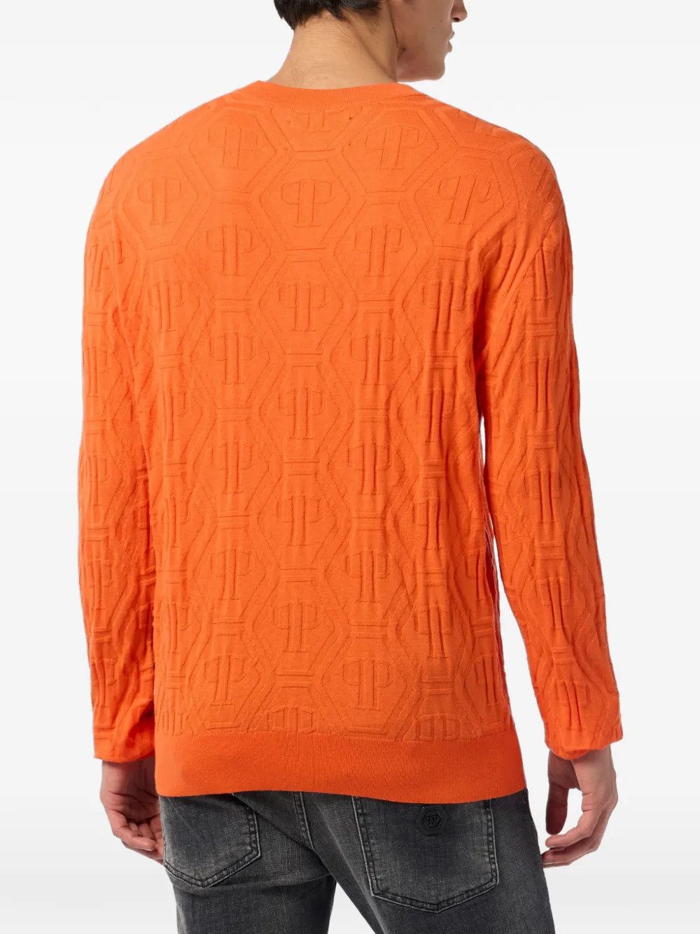 Philipp Plein Gebreide trui met ronde hals en monogram jacquard Oranje