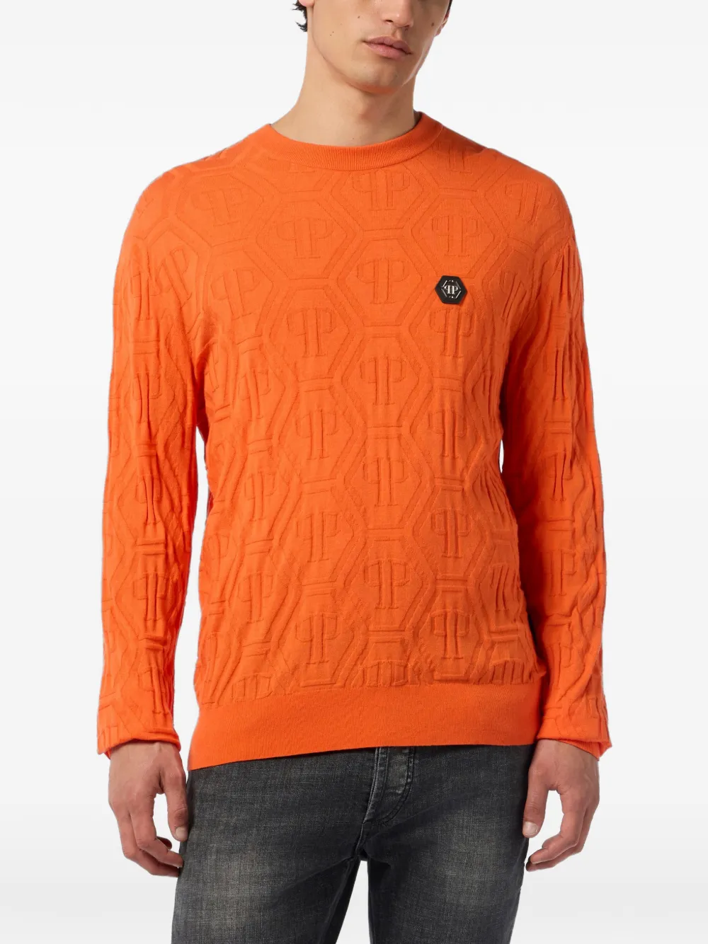 Philipp Plein Gebreide trui met ronde hals en monogram jacquard Oranje