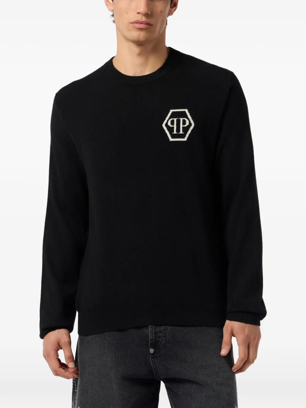 Philipp Plein Gebreide trui met ronde hals en jacquard Zwart