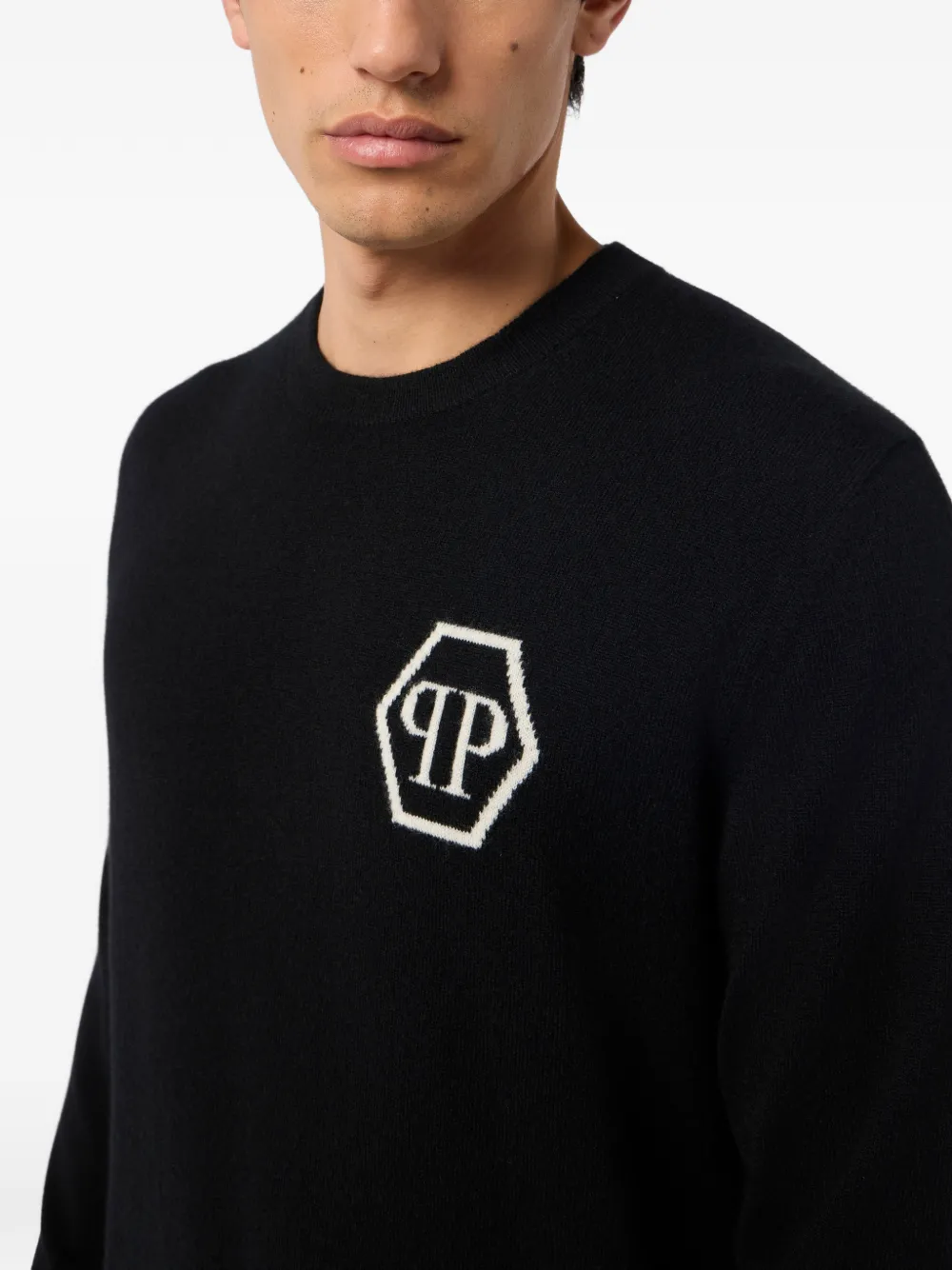 Philipp Plein Gebreide trui met ronde hals en jacquard Zwart