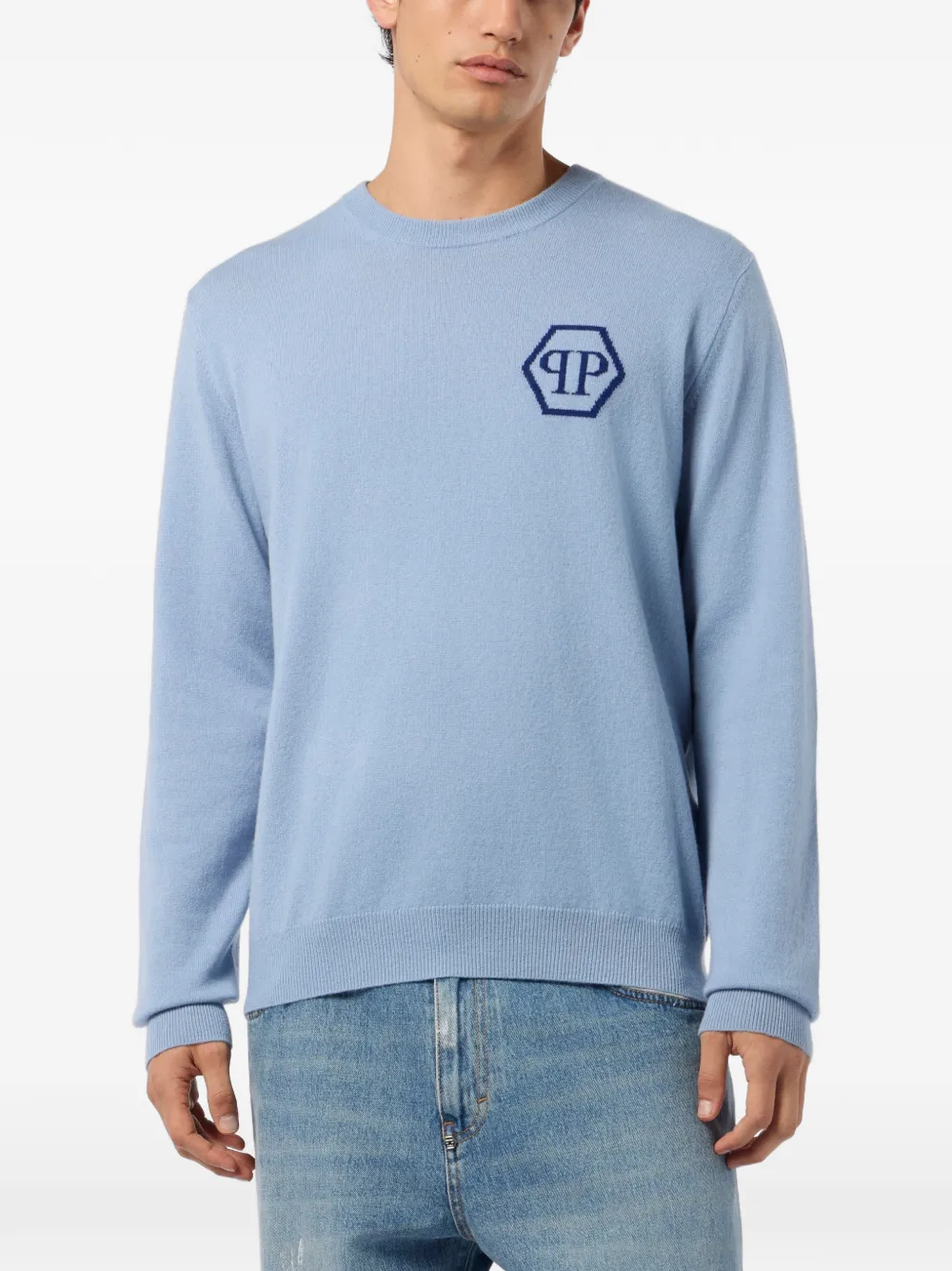 Philipp Plein Gebreide trui met ronde hals en jacquard Blauw