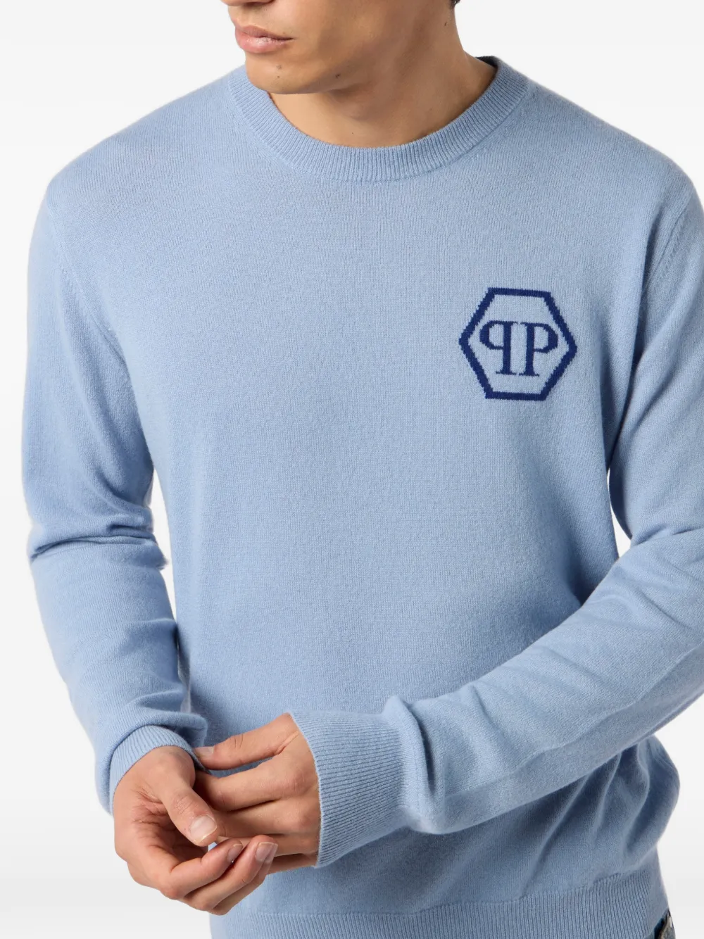 Philipp Plein Gebreide trui met ronde hals en jacquard Blauw