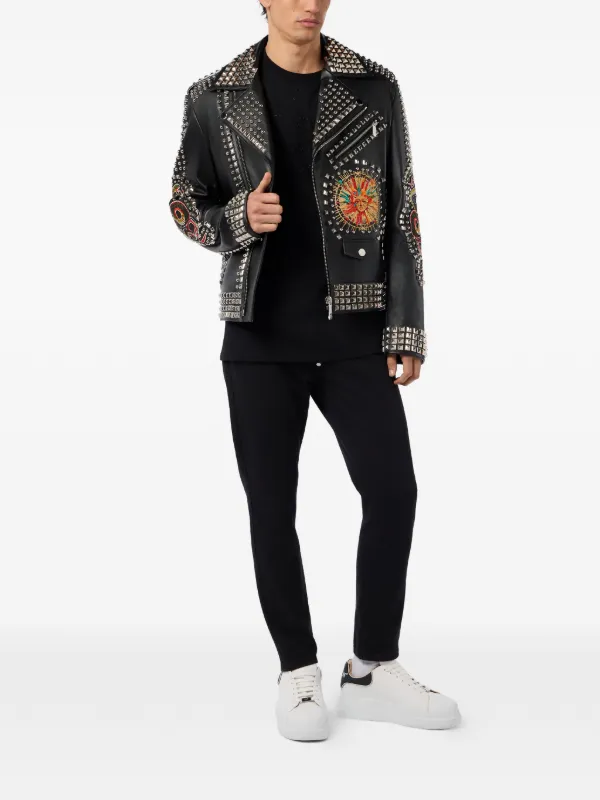 Philipp Plein Studded Embroidered Leather Jacket | Black | FARFETCH JO
