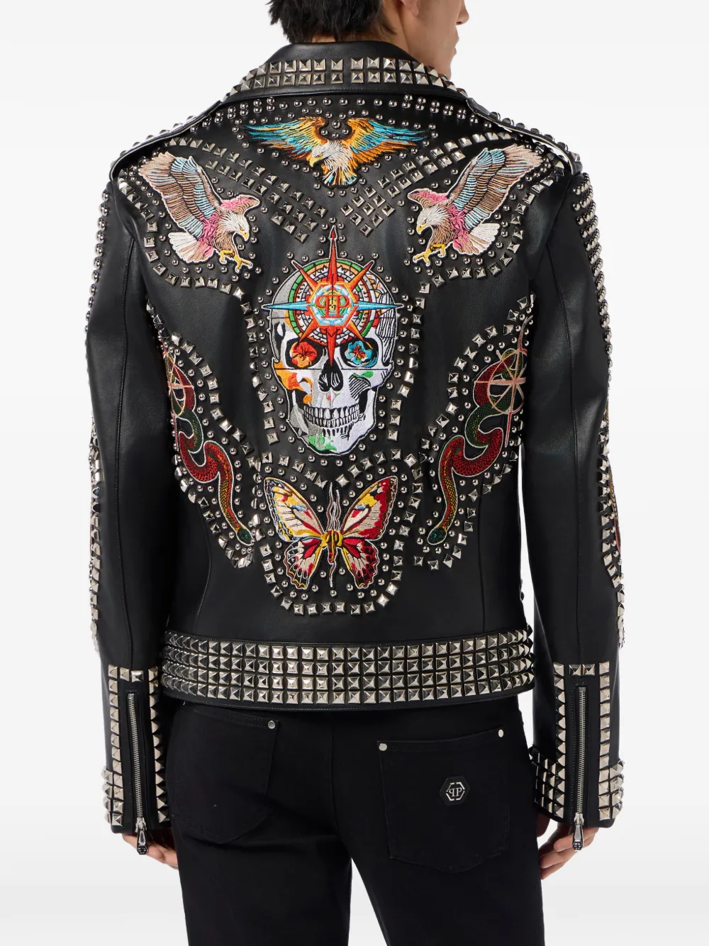 Philipp Plein Leren jack met borduurwerk en studs Zwart
