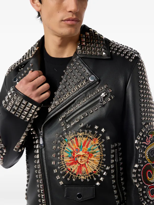 Philipp Plein Studded Embroidered Leather Jacket | Black | FARFETCH IE