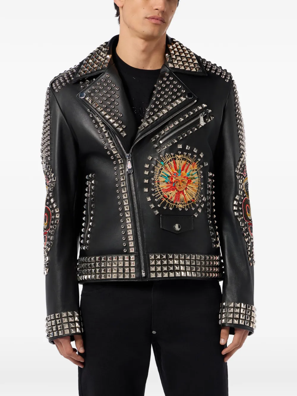 Philipp Plein Studded Embroidered Leather Jacket | Black | FARFETCH JO