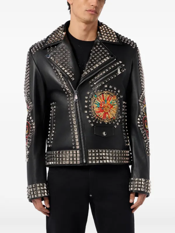 Philipp Plein Studded Embroidered Leather Jacket | Black | FARFETCH IE