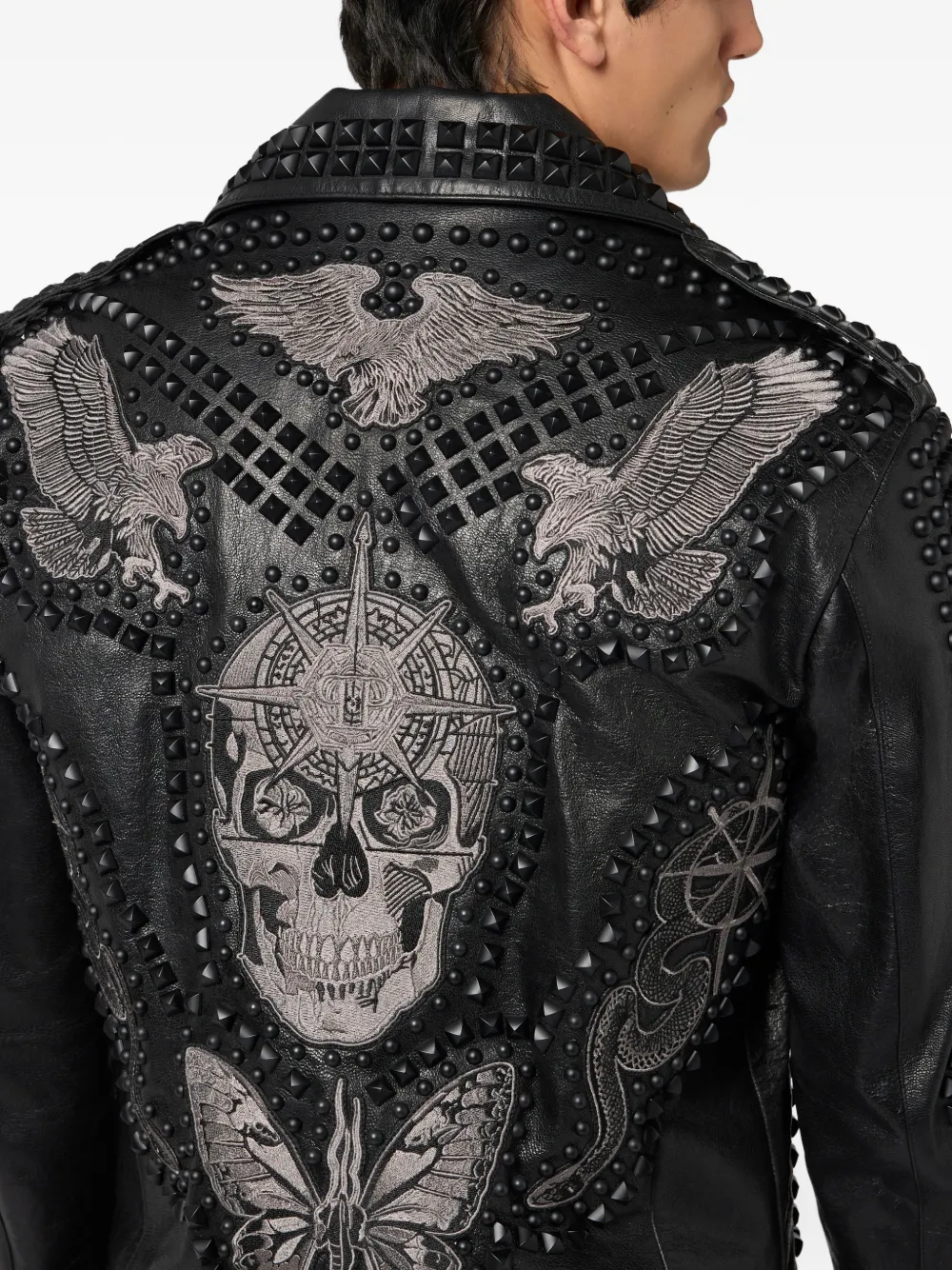 Philipp Plein Studs Embroidered Leather Biker Jacket | Black
