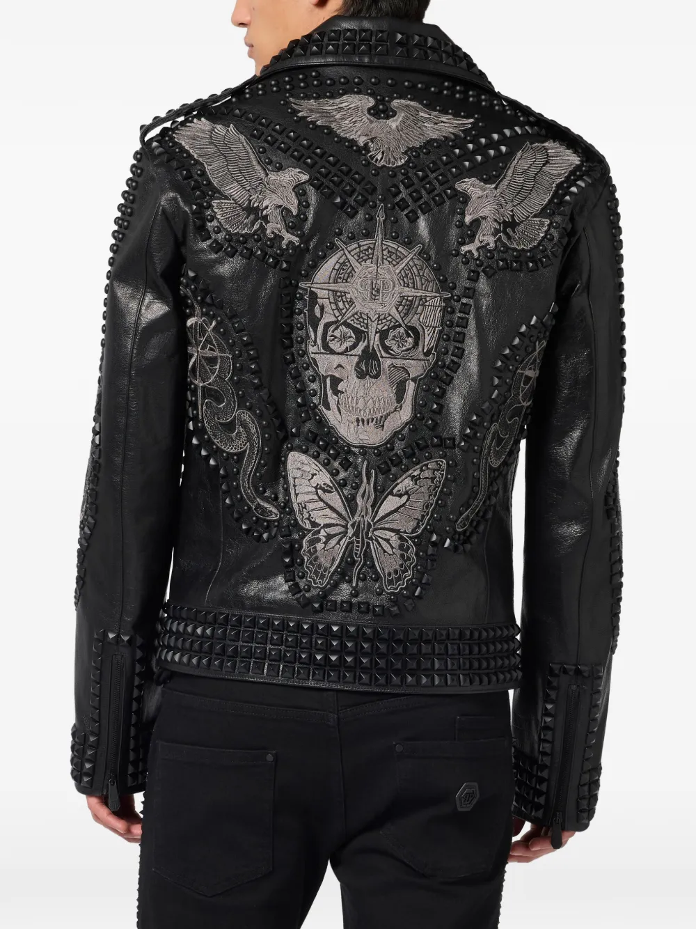  Philipp Plein Studs Embroidered Leather Biker Jacket - Black 