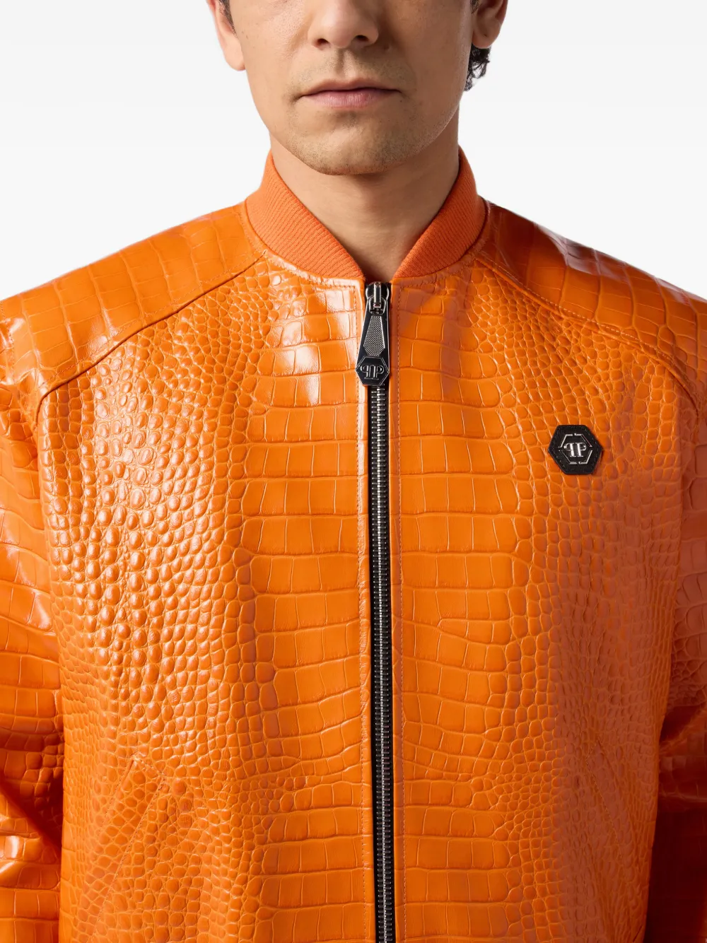 Philipp Plein Leren bomberjack met reliëf Oranje