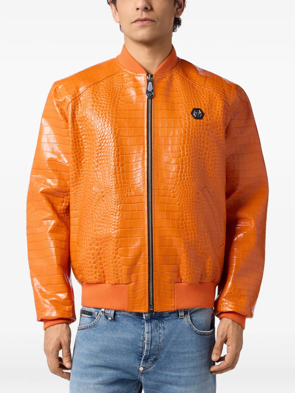 Philipp Plein Leren bomberjack met reliëf Oranje