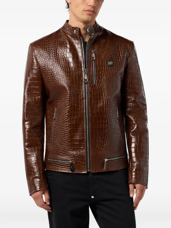 Philipp Plein ジップアップ レザージャケット | ブラウン | FARFETCH JP