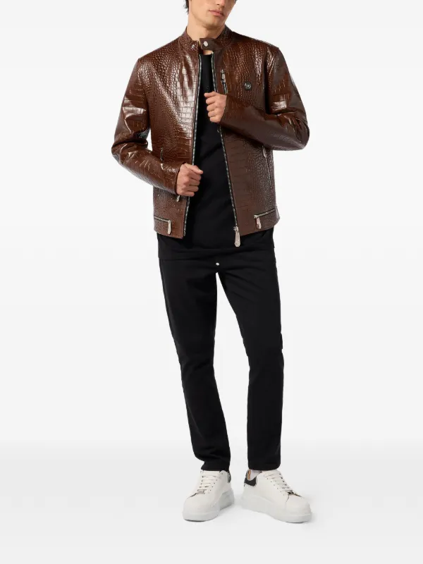 Philipp Plein ジップアップ レザージャケット | ブラウン | FARFETCH JP