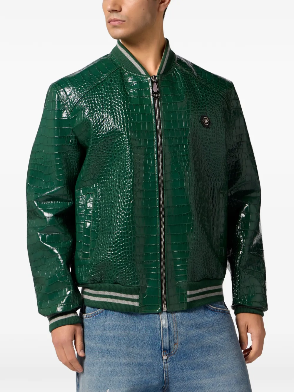  Philipp Plein Leather Bomber Jacket - Green 