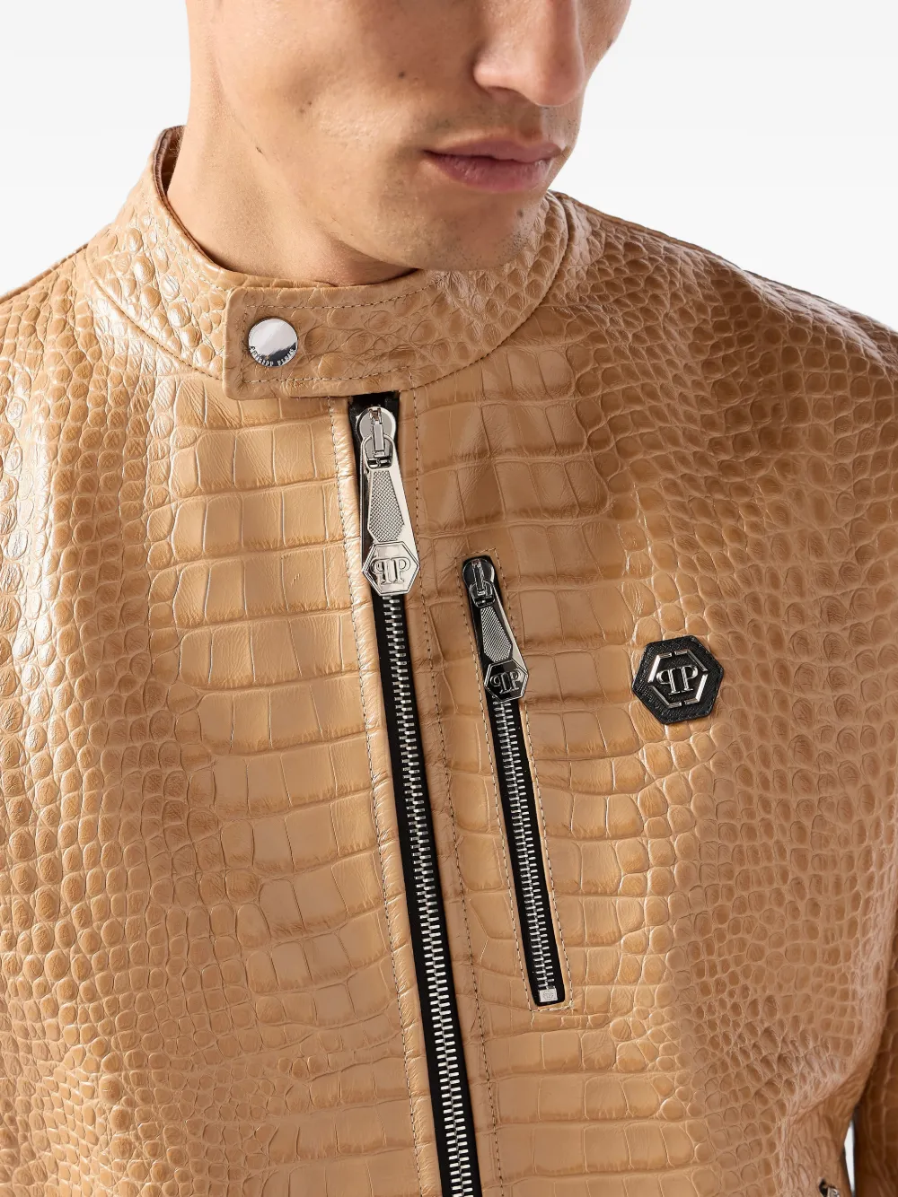 Philipp Plein Bikerjack met krokodillenprint Beige