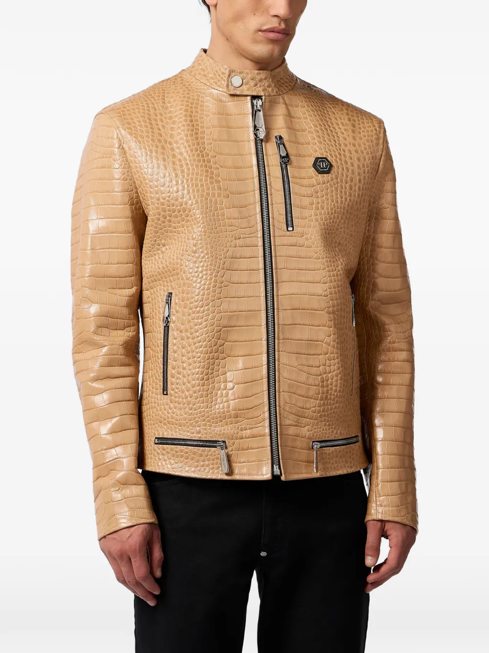 Philipp Plein Bikerjack met krokodillenprint Beige