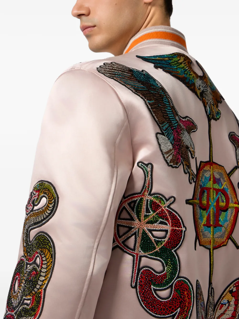 Philipp Plein Glanzend satijnen bomberjack met patch met stras Beige