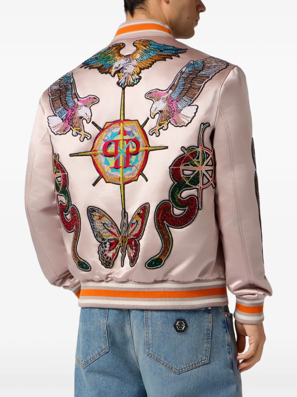 Philipp Plein Glanzend satijnen bomberjack met patch met stras Beige