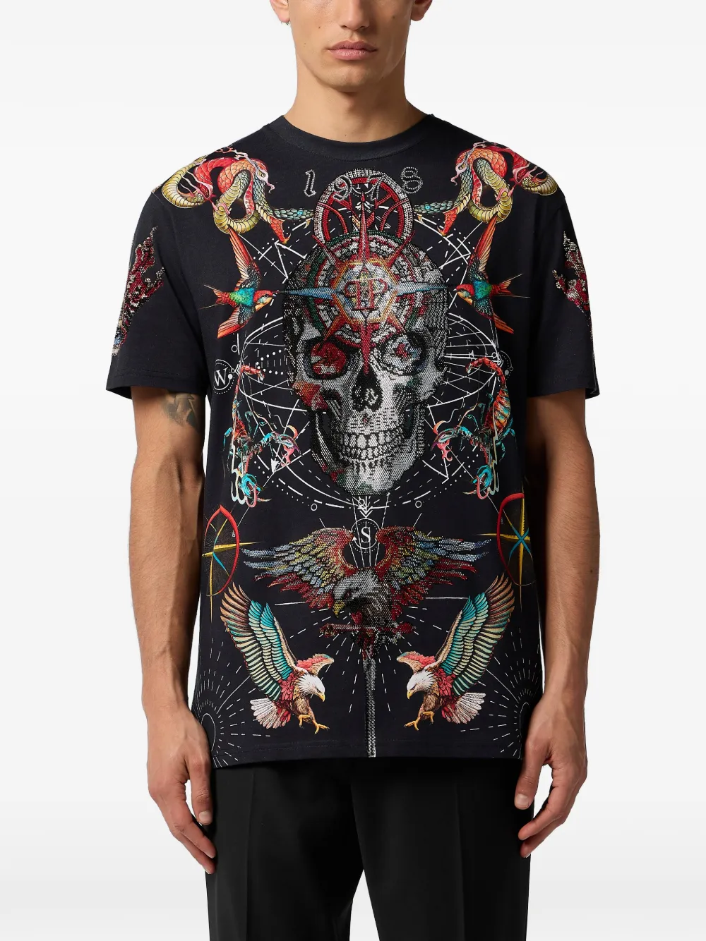 Philipp Plein T-shirt met tatoeagestenen en ronde hals Zwart