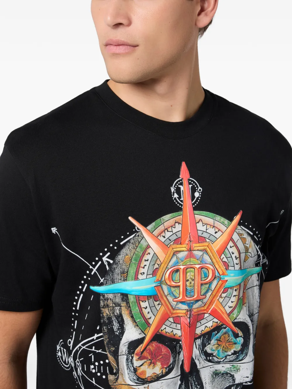 Philipp Plein Wind Rose Skull grafisch T-shirt Zwart