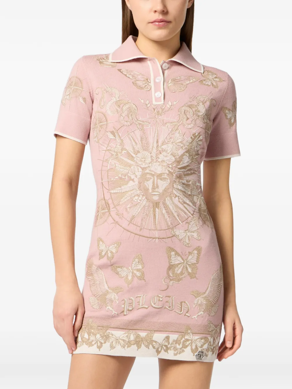 Philipp Plein Mini-jurk met geborduurde vlinder en kraag Roze
