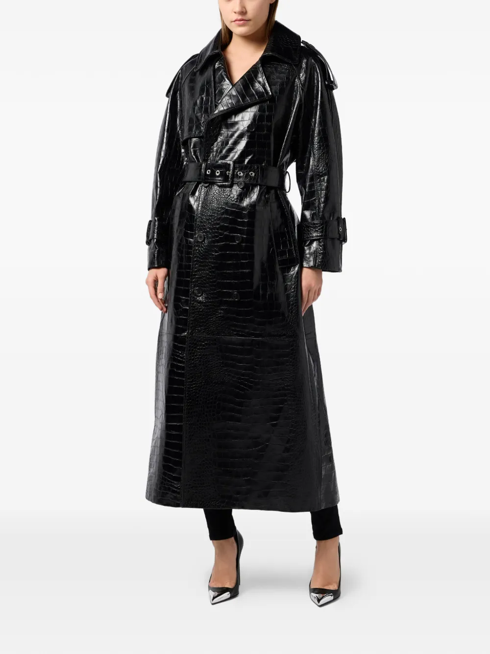  Philipp Plein Trench à Effet Peau De Crocodile - Noir 