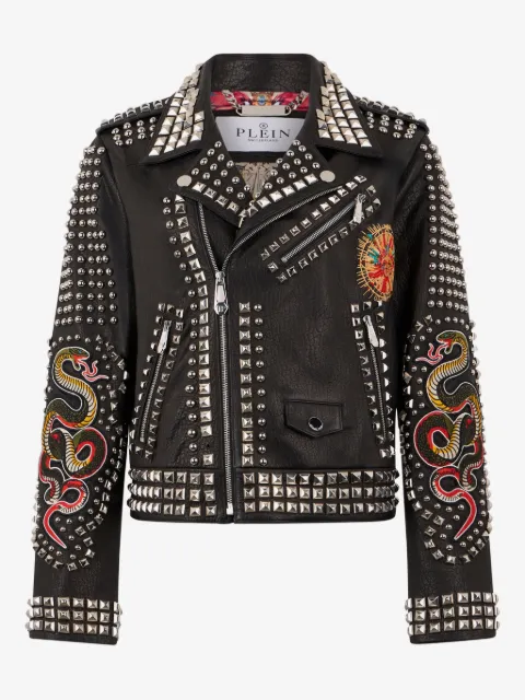 Philipp Plein 스터드 앤 패치 박시 핏 바이커 재킷