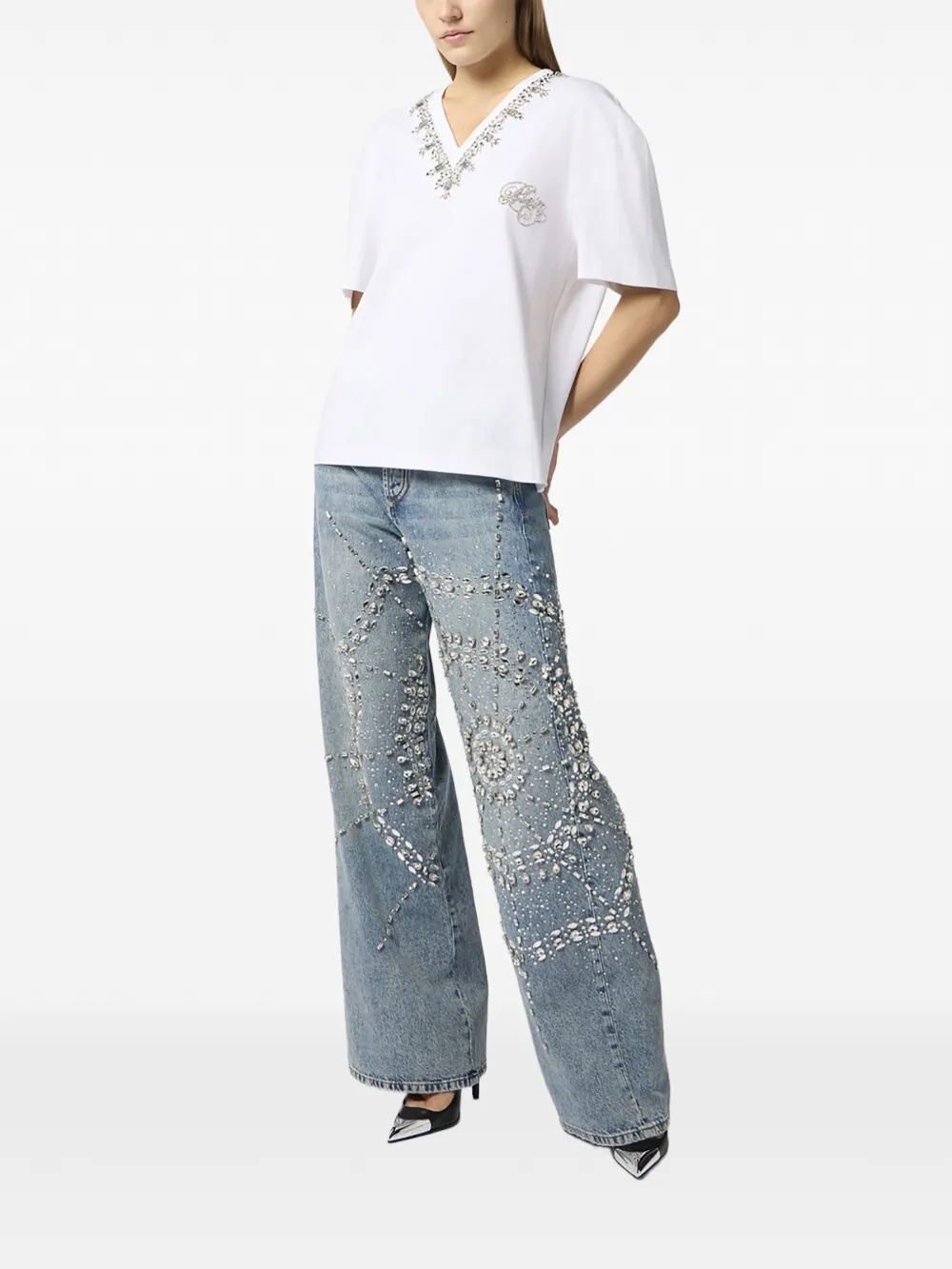 Philipp Plein T-shirt met V-hals en borduurwerk Wit