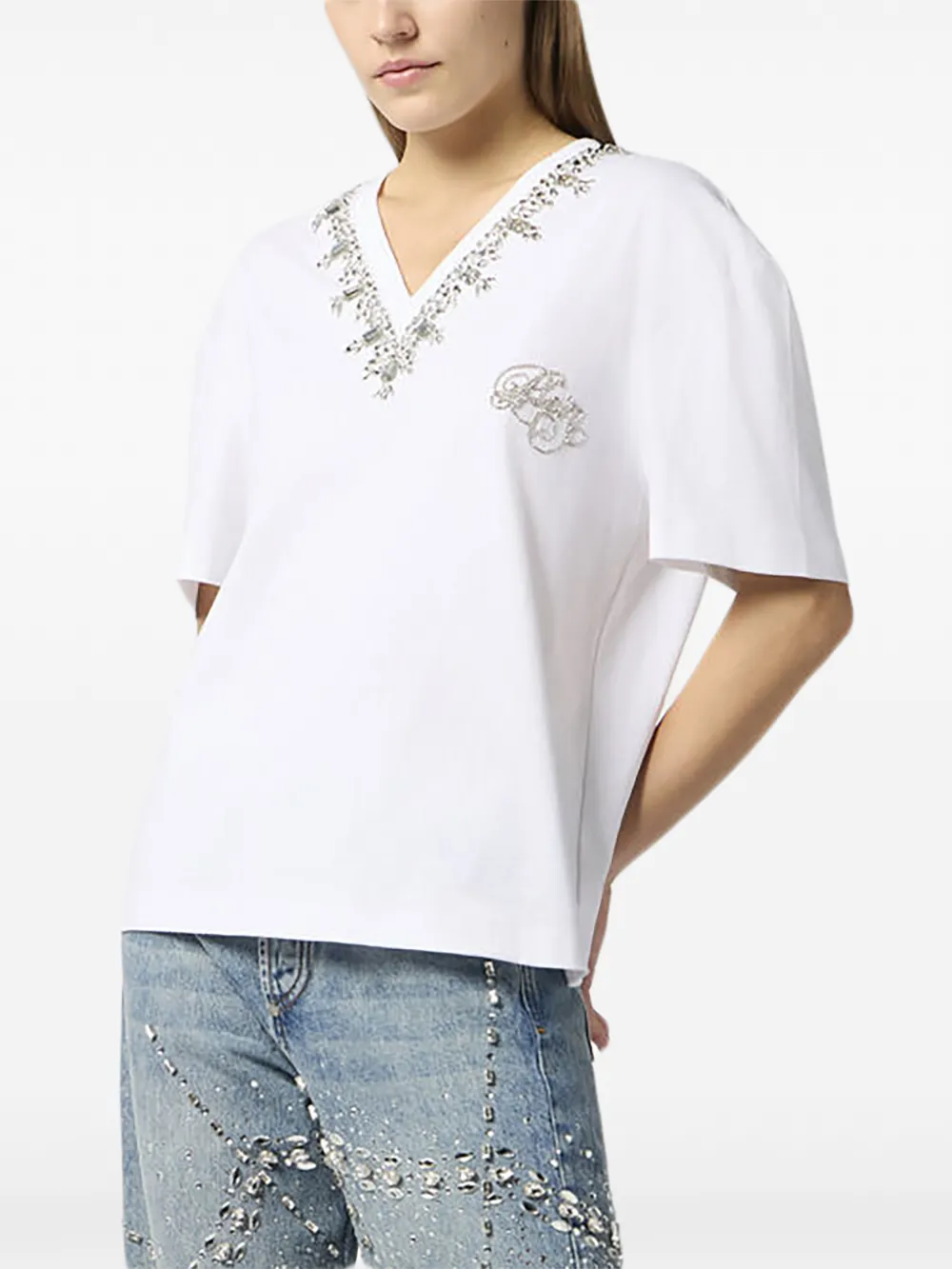 Philipp Plein T-shirt met V-hals en borduurwerk Wit